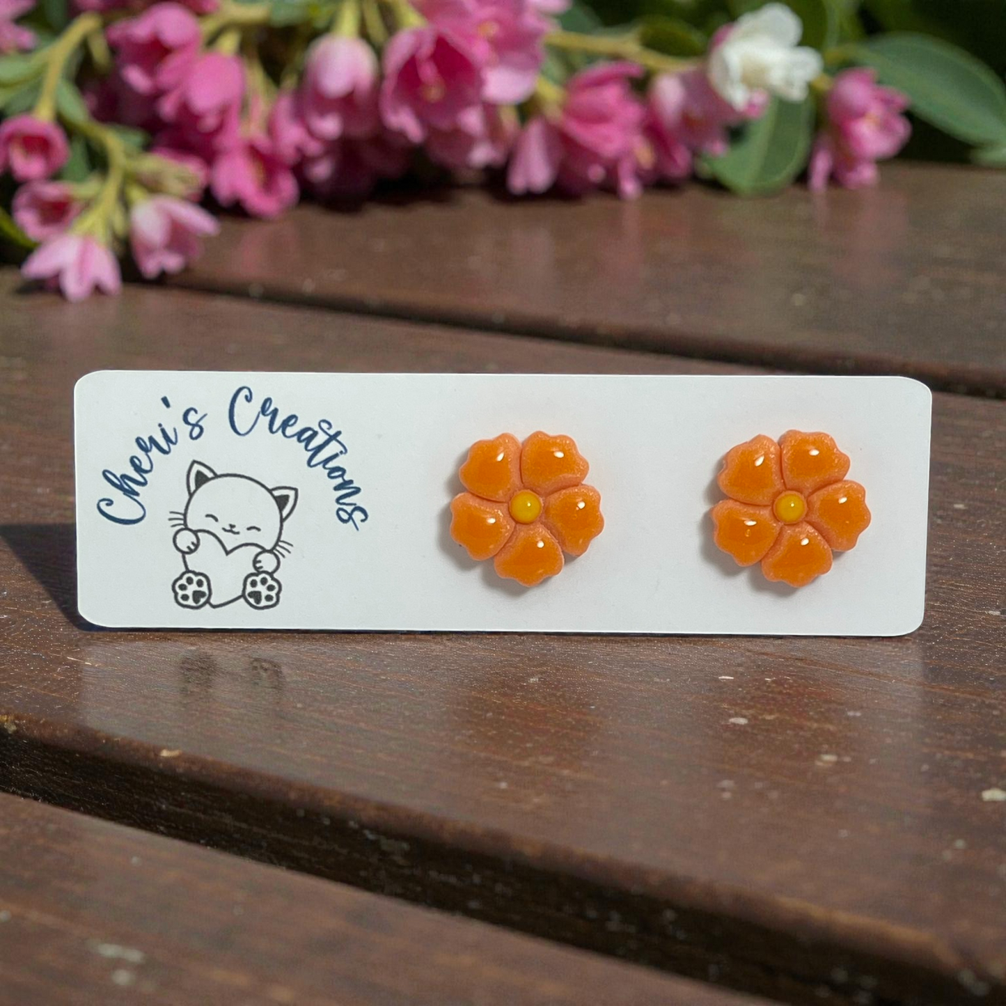 Orange Flower Studs – Handmade Polymer Clay Earrings