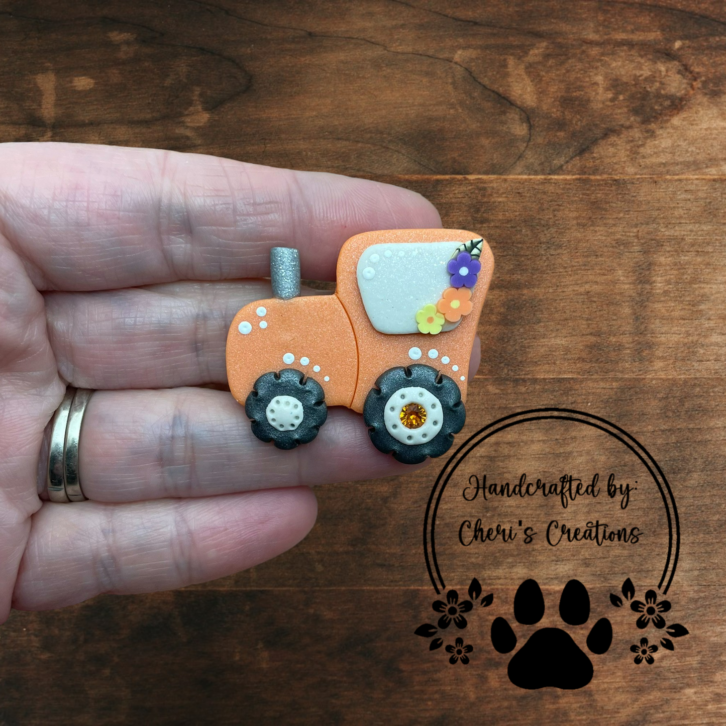 Orange Tractor Bow Center – Handmade Polymer Clay Embellishment