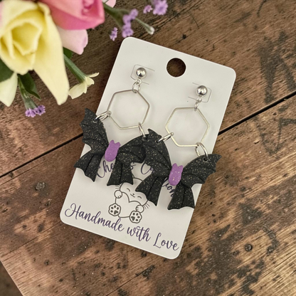Bat Bow Earrings - Handmade Polymer Clay Dangle Earrings