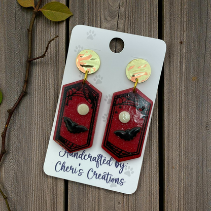 Moon & Bat Dangle Earrings – Handmade Polymer Clay Earrings