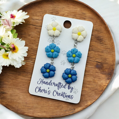 Elegant Shades of Blue Florals Polymer Clay Dangle Earrings