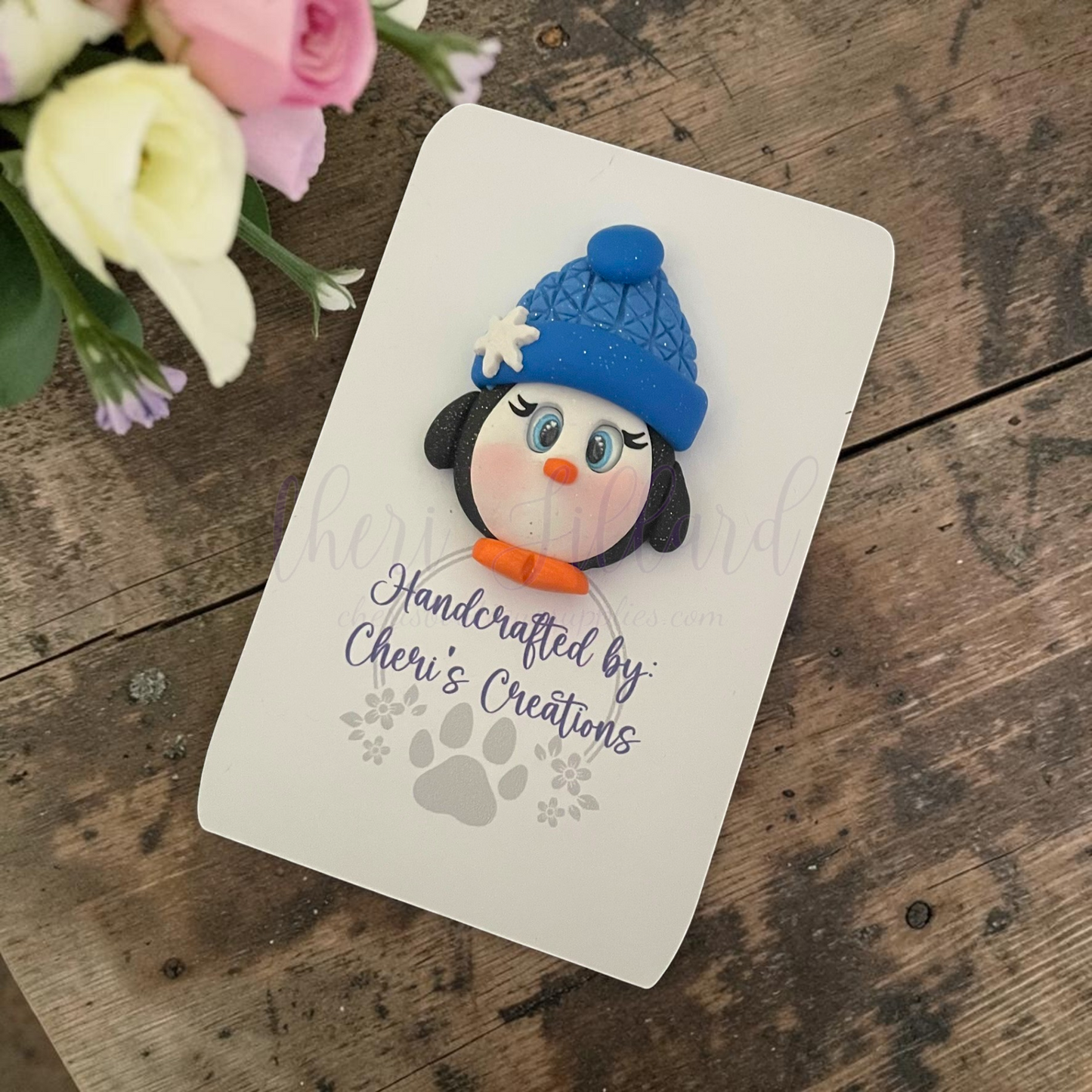 Blue Hat Penguin Bow Center – Handmade Polymer Clay Embellishment