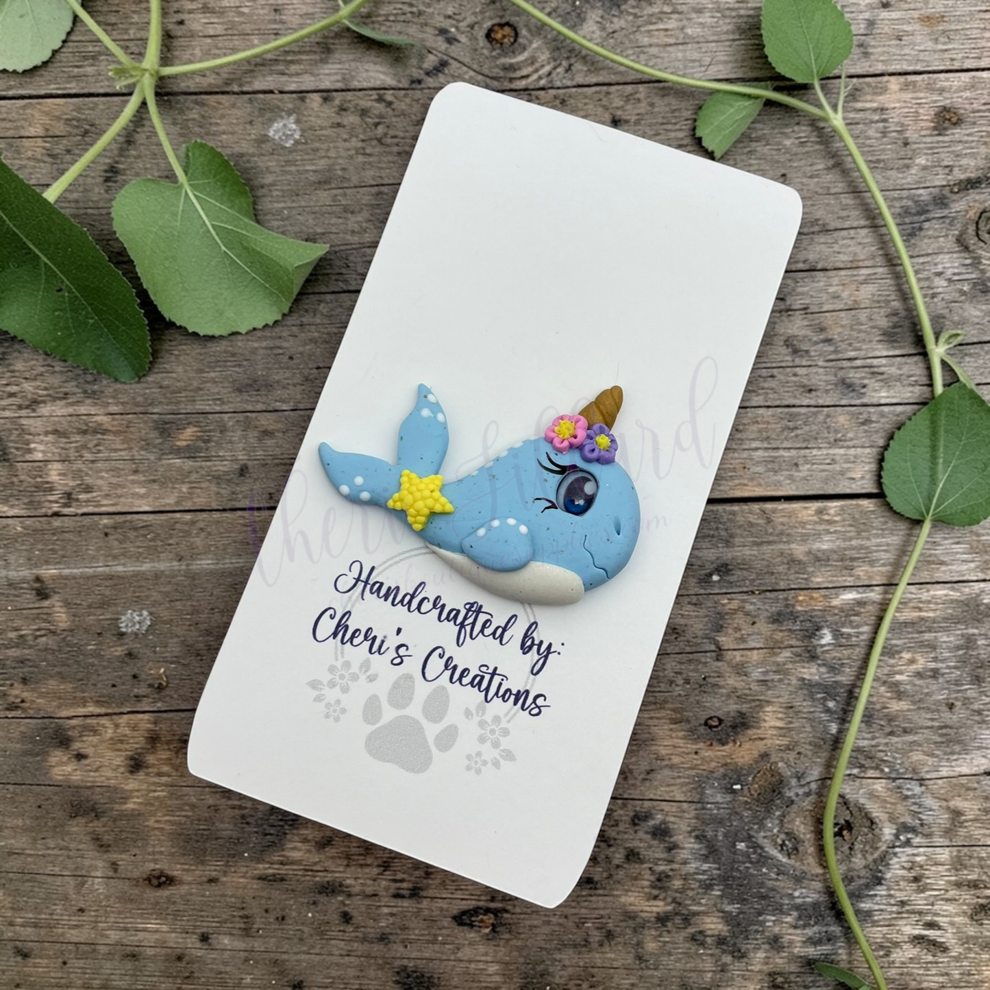 Blue Narwhal Bow Center – Handmade Polymer Clay Embellishment