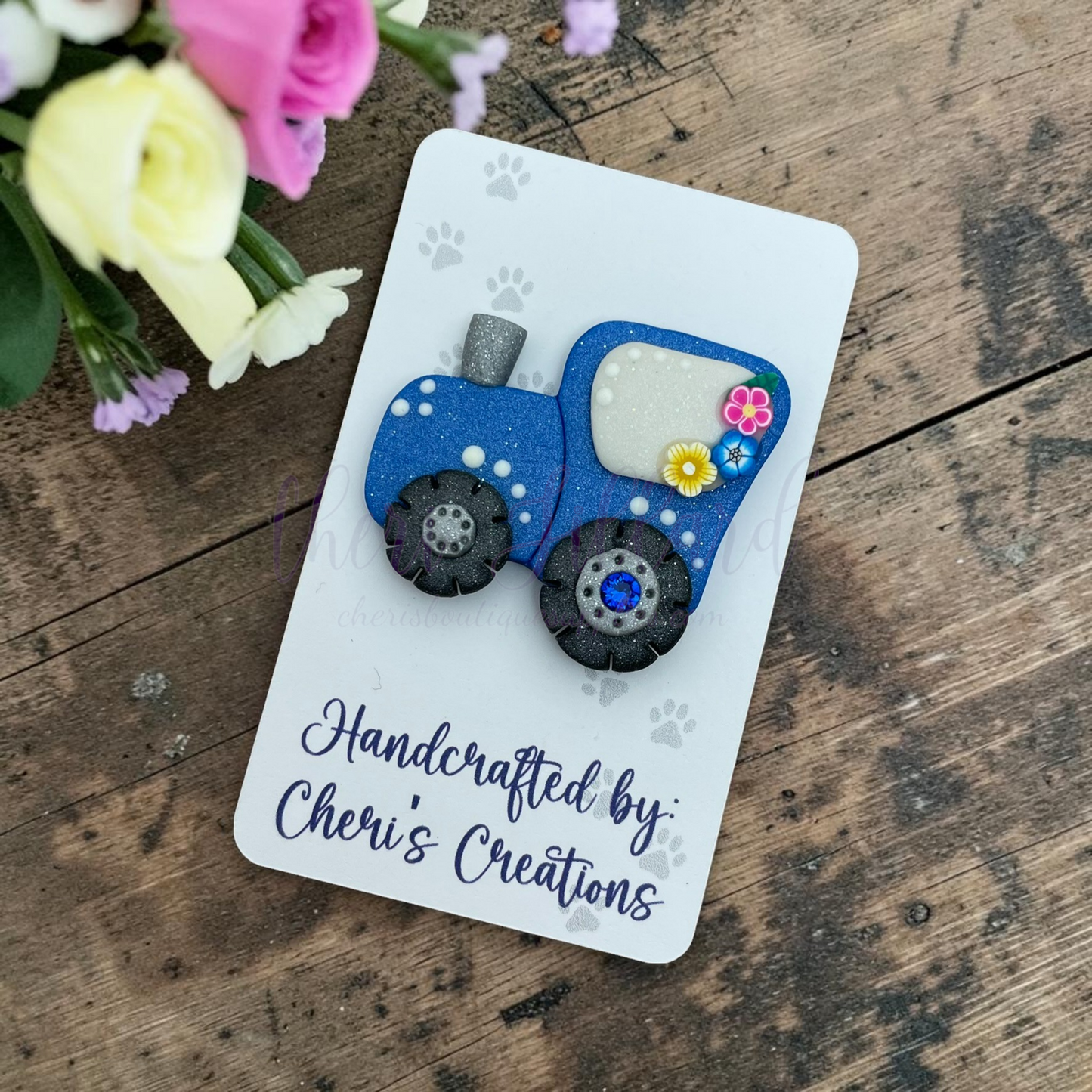 Blue Tractor Bow Center – Handmade Polymer Clay Embellishment
