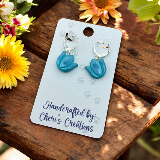 Bright Blue Spring Tulip Polymer Clay Dangle Earrings