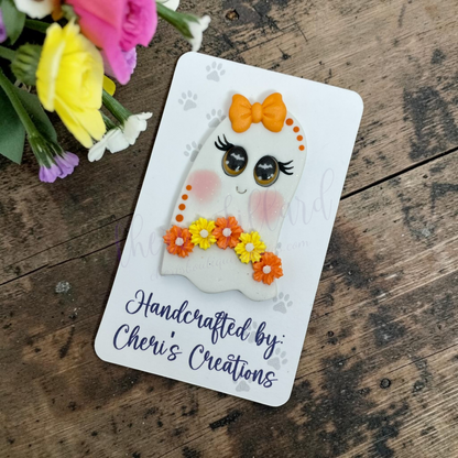 Floral Candy Corn Ghost Bow Center – Handmade Polymer Clay Embellishment