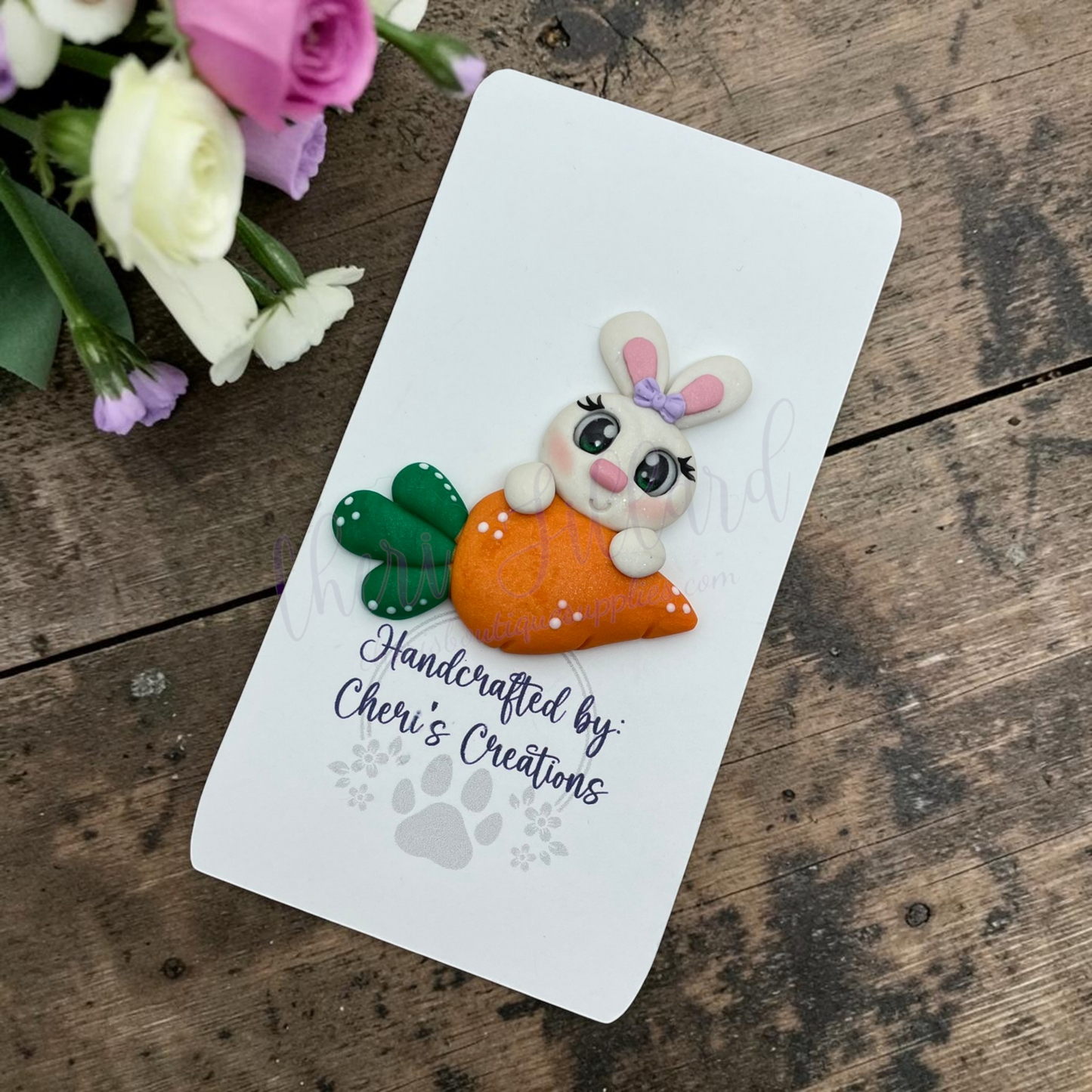 Bunny & Carrot Bow Center – Handmade Polymer Clay Embellishment