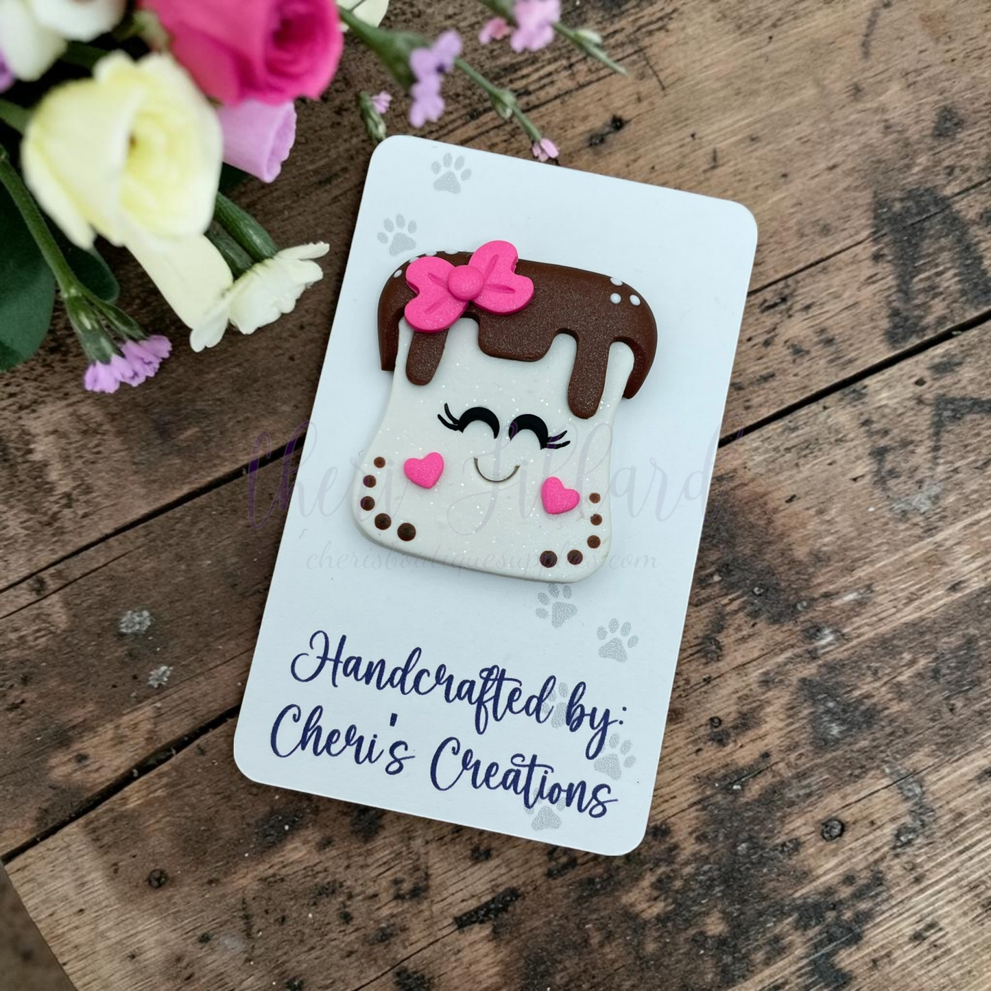 S'mores Marshmallow Bow Center – Handmade Polymer Clay Embellishment