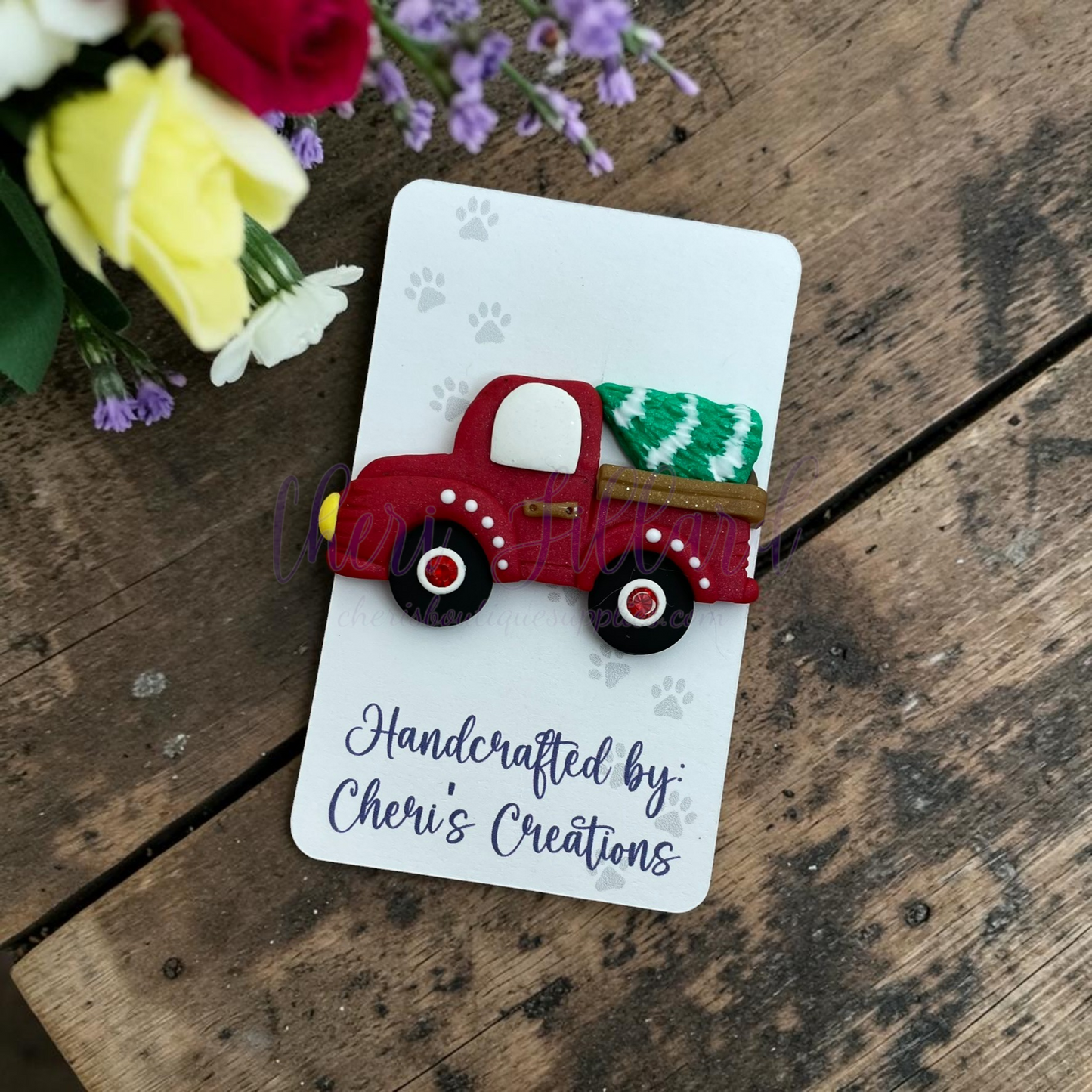 Christmas Truck Bow Center – Handmade Polymer Clay Embellishment