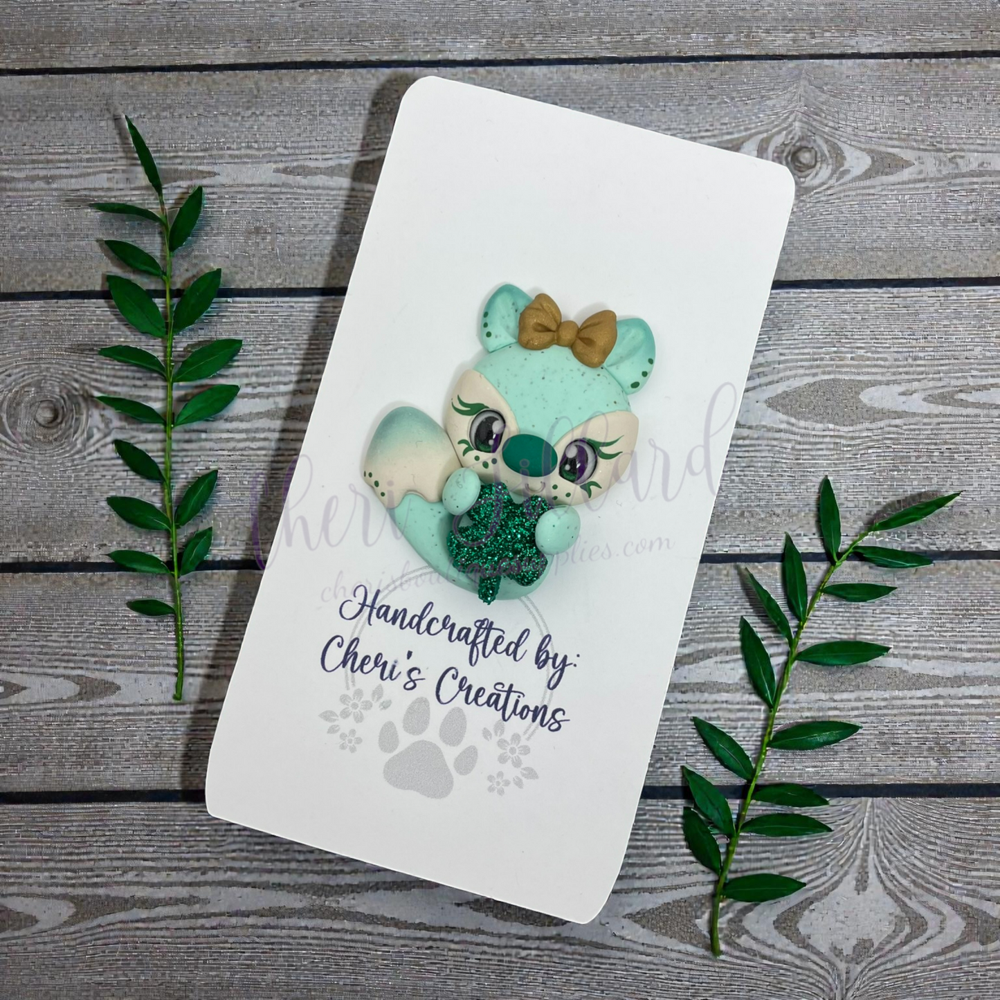 Clover Fox Bow Center – Handmade Polymer Clay Embellishment