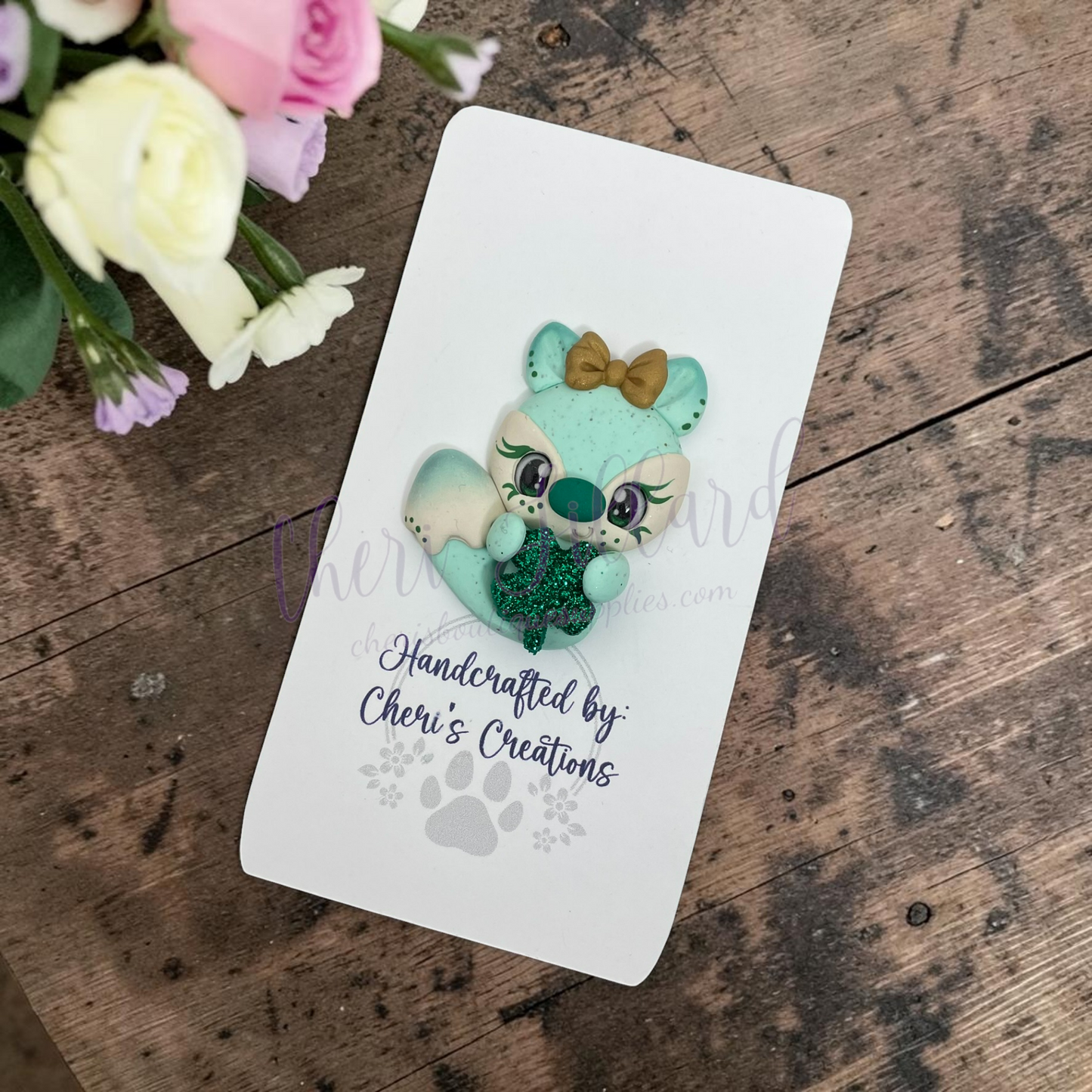 Clover Fox Bow Center – Handmade Polymer Clay Embellishment