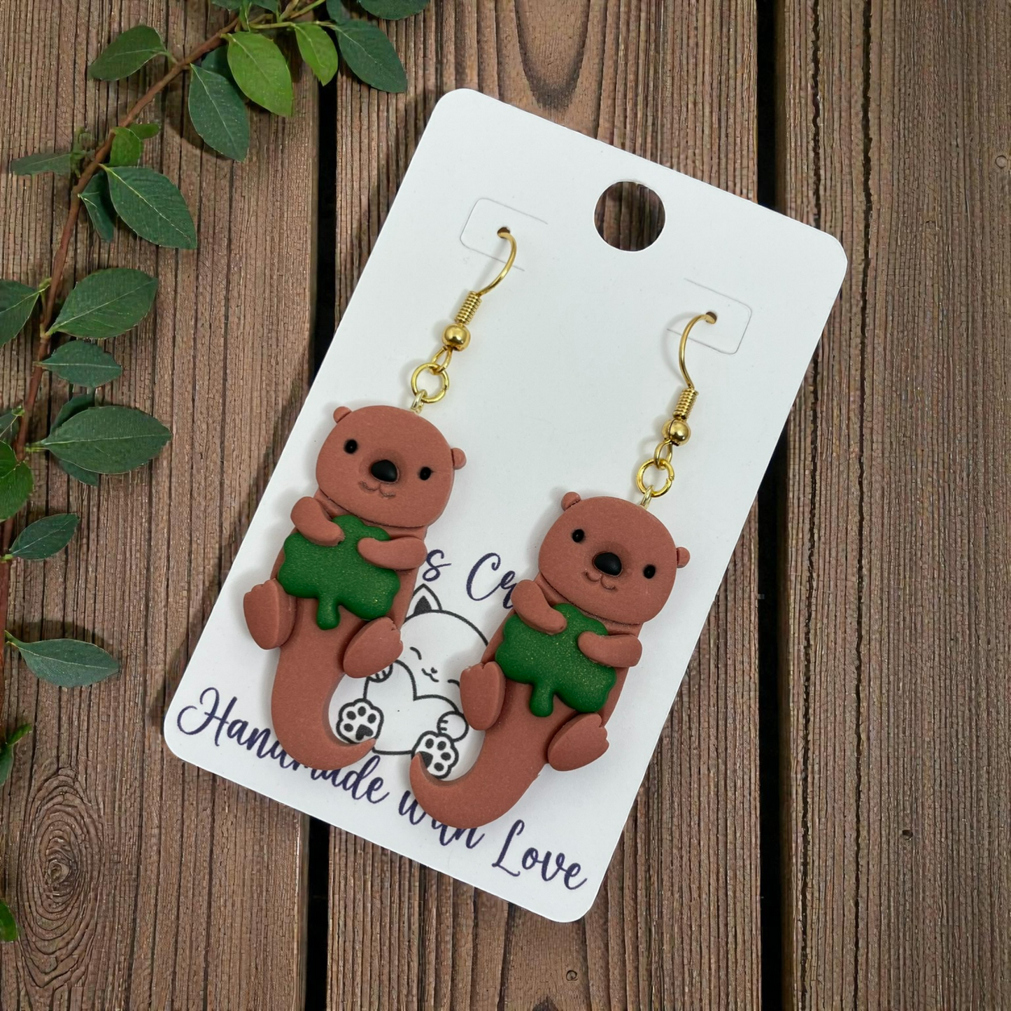 Clover Otter Dangles – Handmade Polymer Clay Earrings