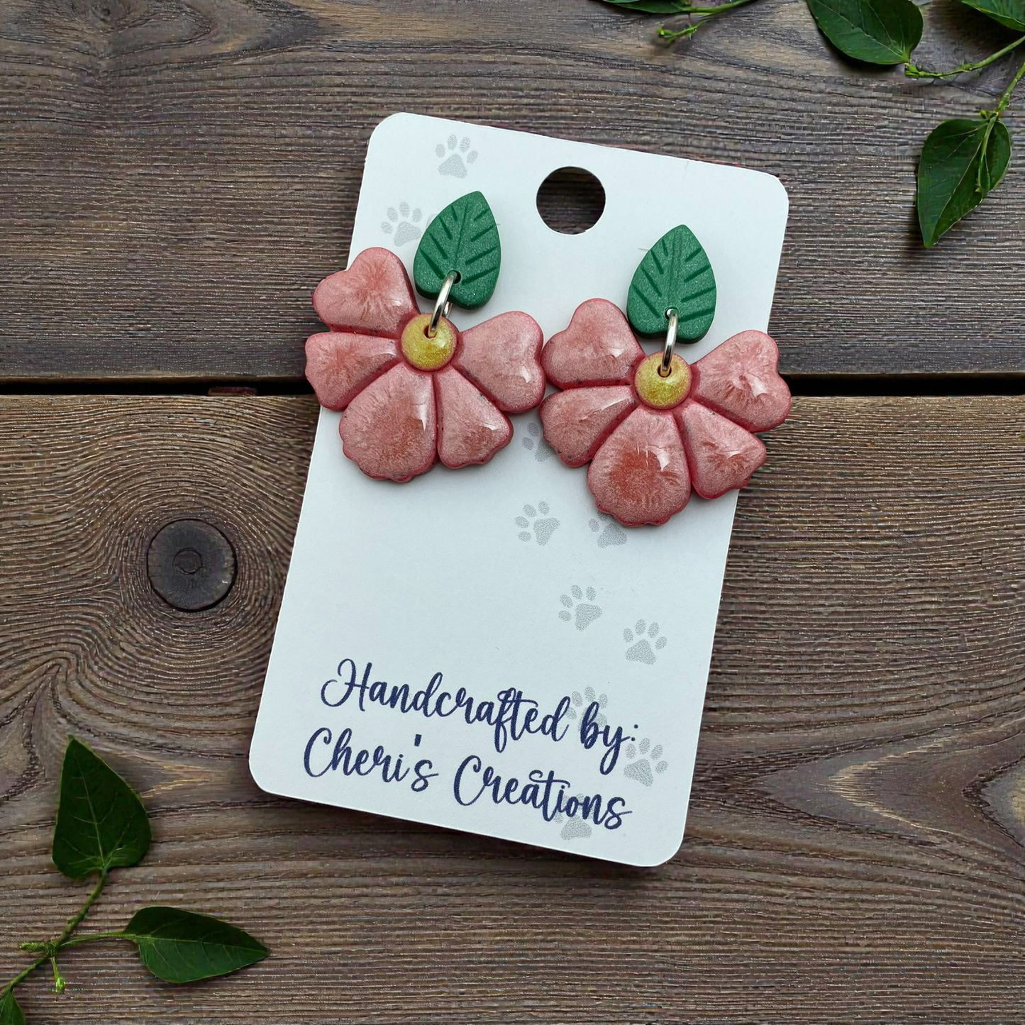 Coral Half Flower Earrings – Leaf Accent Dangles