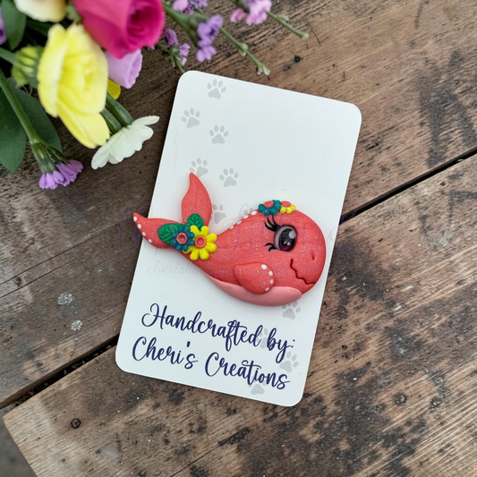Coral Whale Bow Center – Handmade Polymer Clay Embellishment