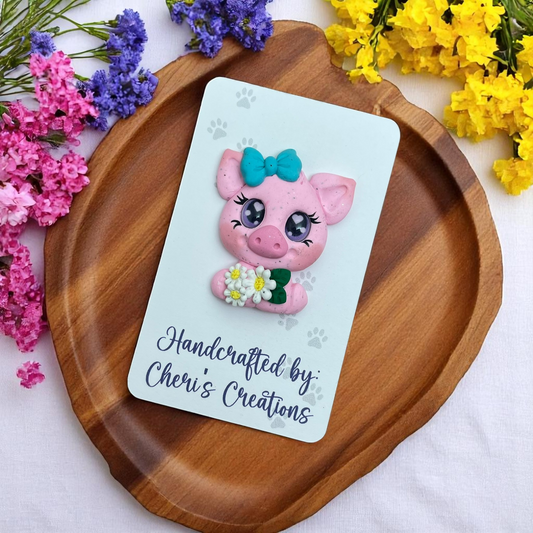 Pink Piggy with Daisy Bouquet – Handmade Polymer Clay Embellishment for Bow Making, Crafts & DIY Projects
