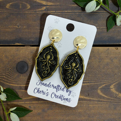 Golden Octopus Dangle Earrings – Handmade Polymer Clay Earrings