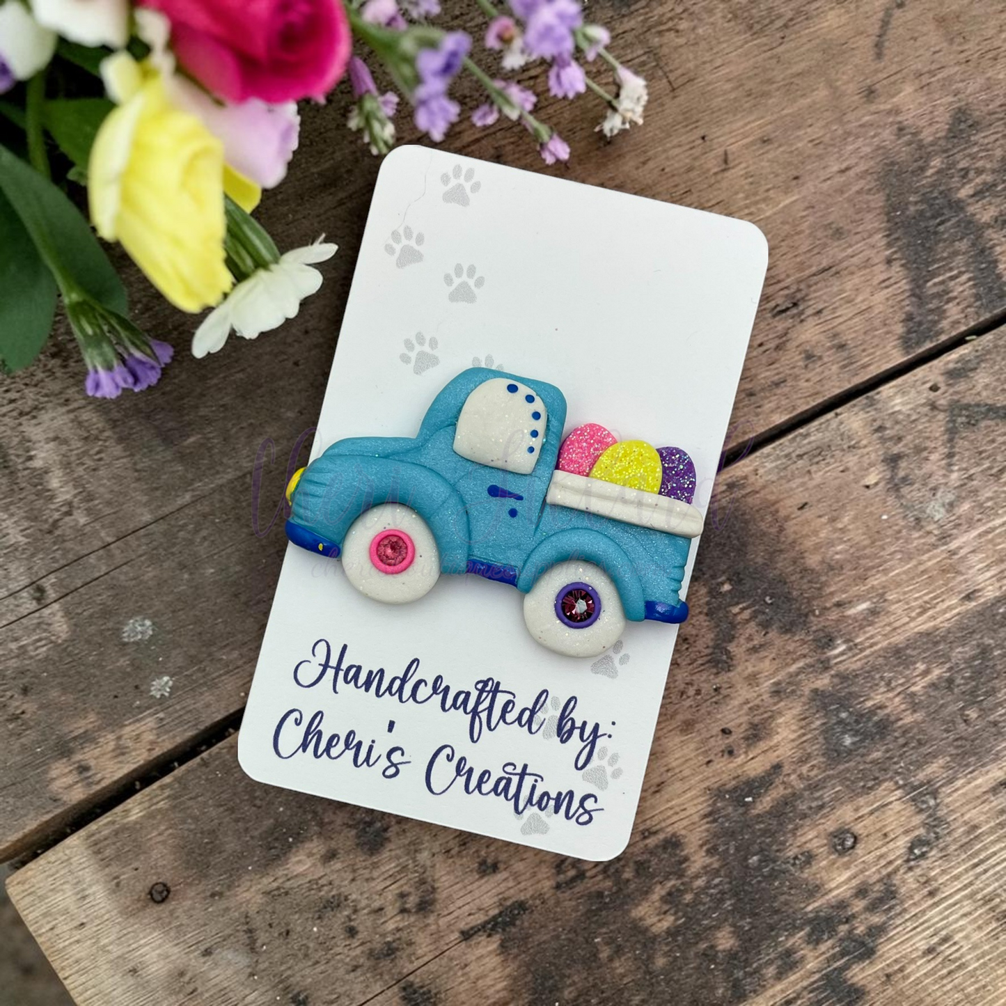 Easter Egg Truck Bow Center – Handmade Polymer Clay Embellishment