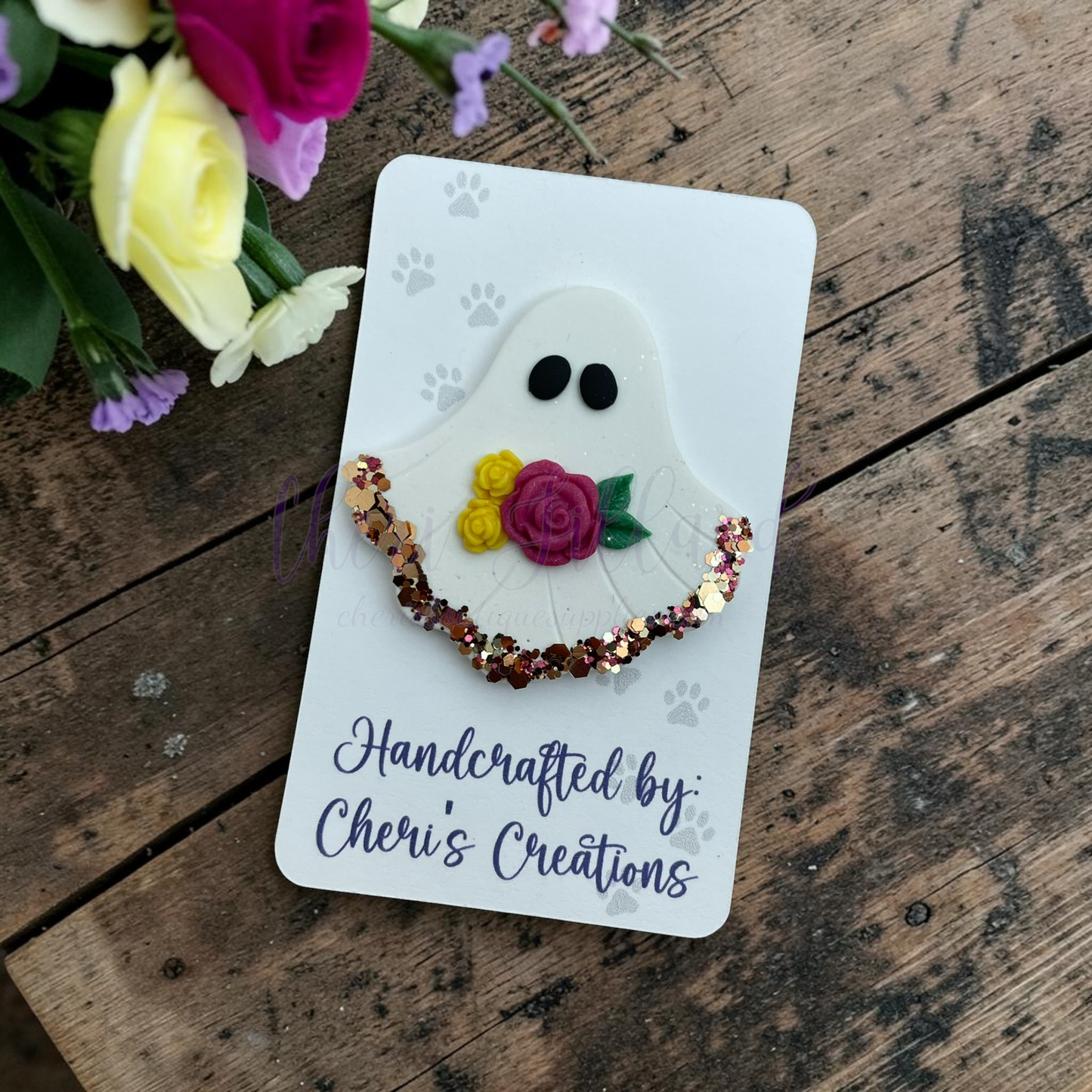 Fall Sparkle Ghost Bow Center – Handmade Polymer Clay Embellishment