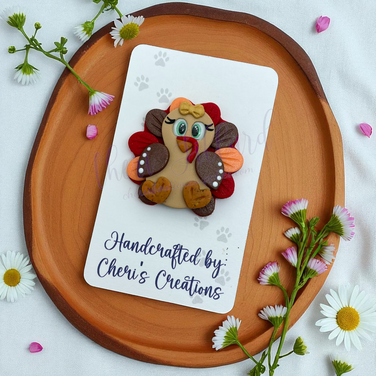 Fall Turkey Bow Center – Handmade Polymer Clay Embellishment