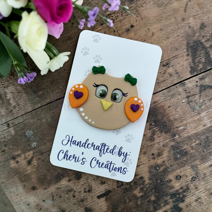 Fall Owl Bow Center – Handmade Polymer Clay Embellishment