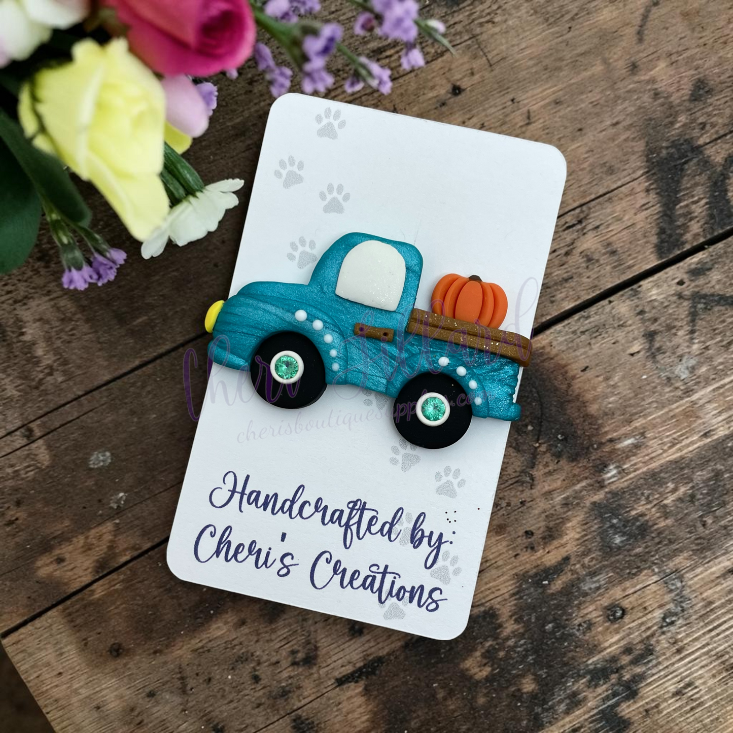 Fall Pumpkin Truck Bow Center – Handmade Polymer Clay Embellishment