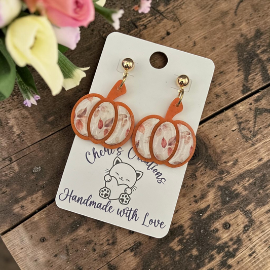 Fall Inlay Pumpkins Earrings - Handmade Polymer Clay Dangle Earrings