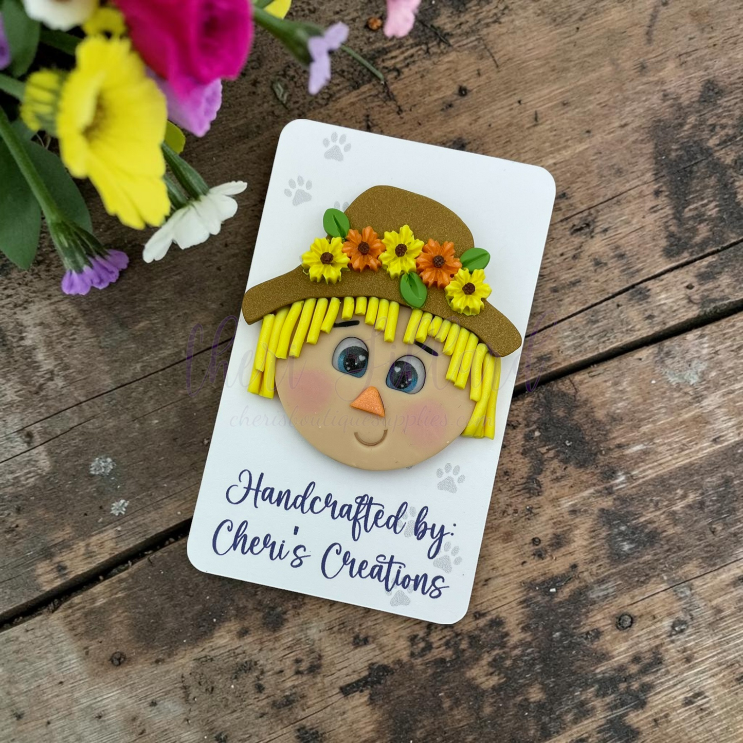 Sunflower Scarecrow Bow Center – Handmade Polymer Clay Embellishment