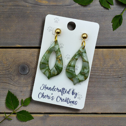 Green & Gold Fancy Teardrop Dangle Earrings – Handmade Polymer Clay Earrings