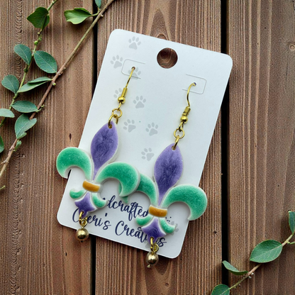 Mardi Gras Fleur de Lis Dangle Earrings – Handmade Polymer Clay Earrings