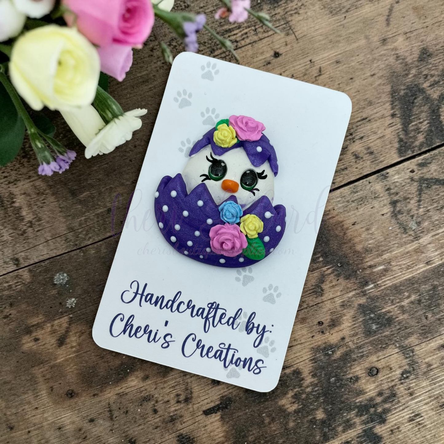 Floral Easter Chick Bow Center – Handmade Polymer Clay Embellishment