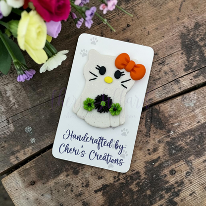 Floral Ghost Cat Bow Center – Handmade Polymer Clay Embellishment