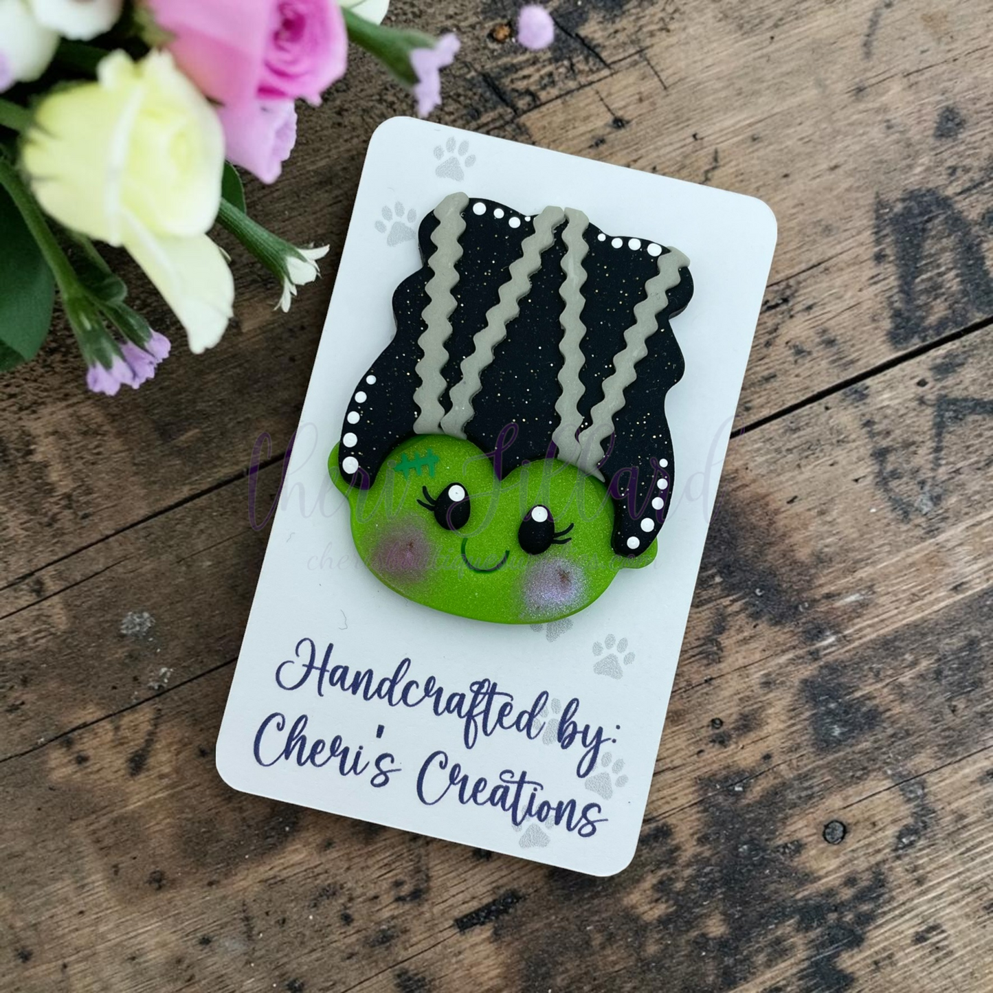 Frannie Frankenstein Bow Center – Handmade Polymer Clay Embellishment