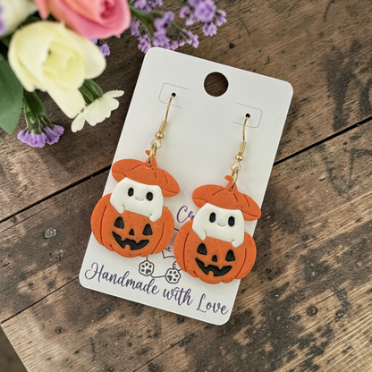 Ghosts in Pumpkins Earrings - Handmade Polymer Clay Dangle Earrings