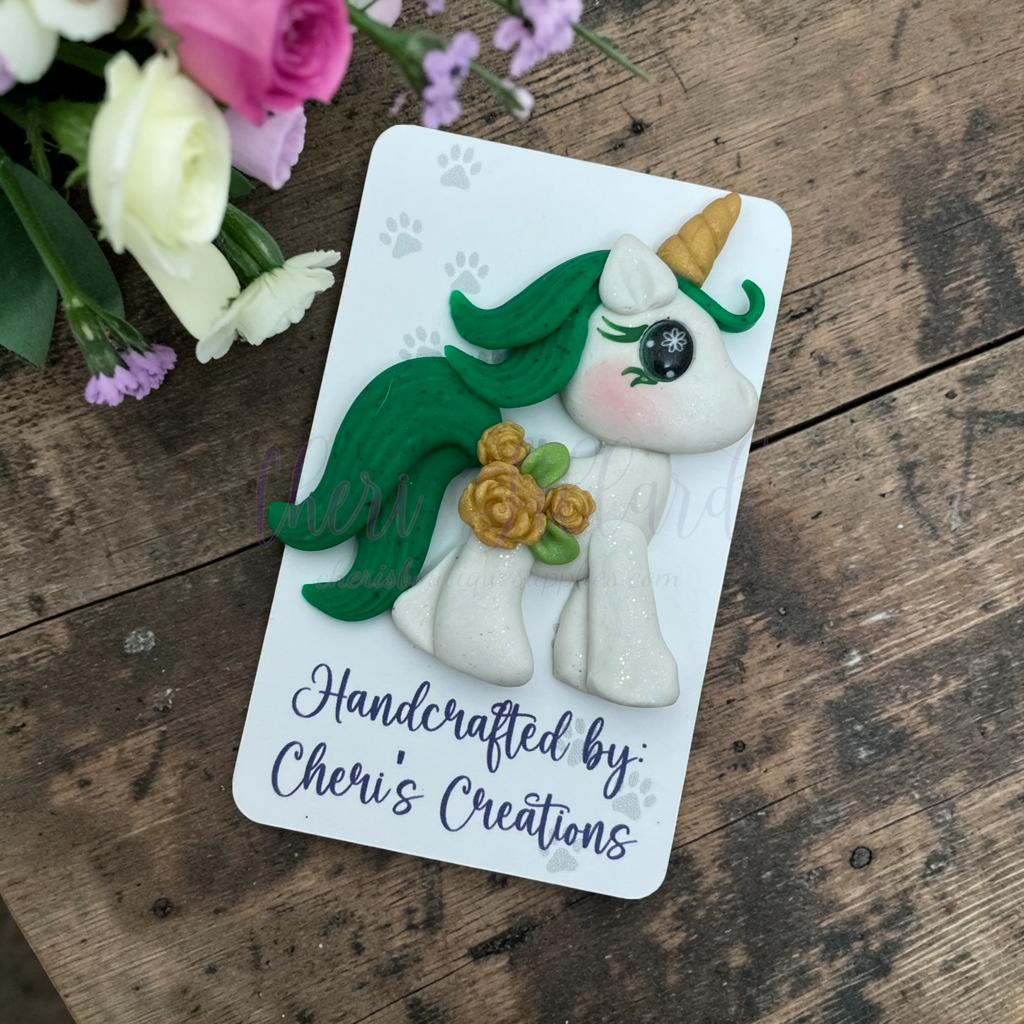Golden Rose Unicorn Bow Center – Handmade Polymer Clay Embellishment