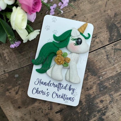 Golden Rose Unicorn Bow Center – Handmade Polymer Clay Embellishment