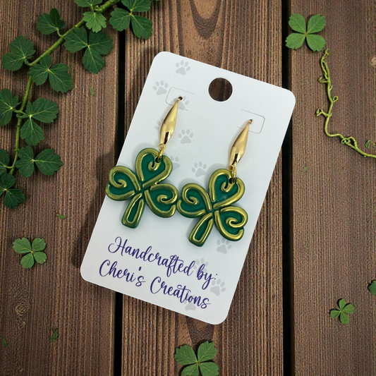 Golden Heart Clover Dangle Earrings – Handmade Polymer Clay Earrings