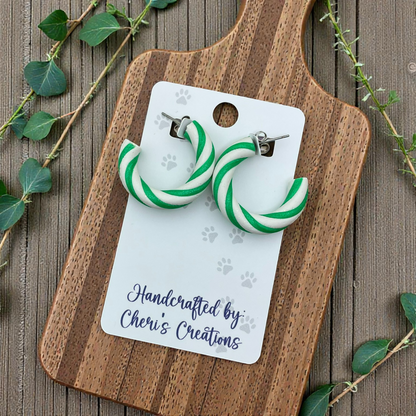 Green Candy Cane Hoop Earrings – Handmade Polymer Clay Earrings