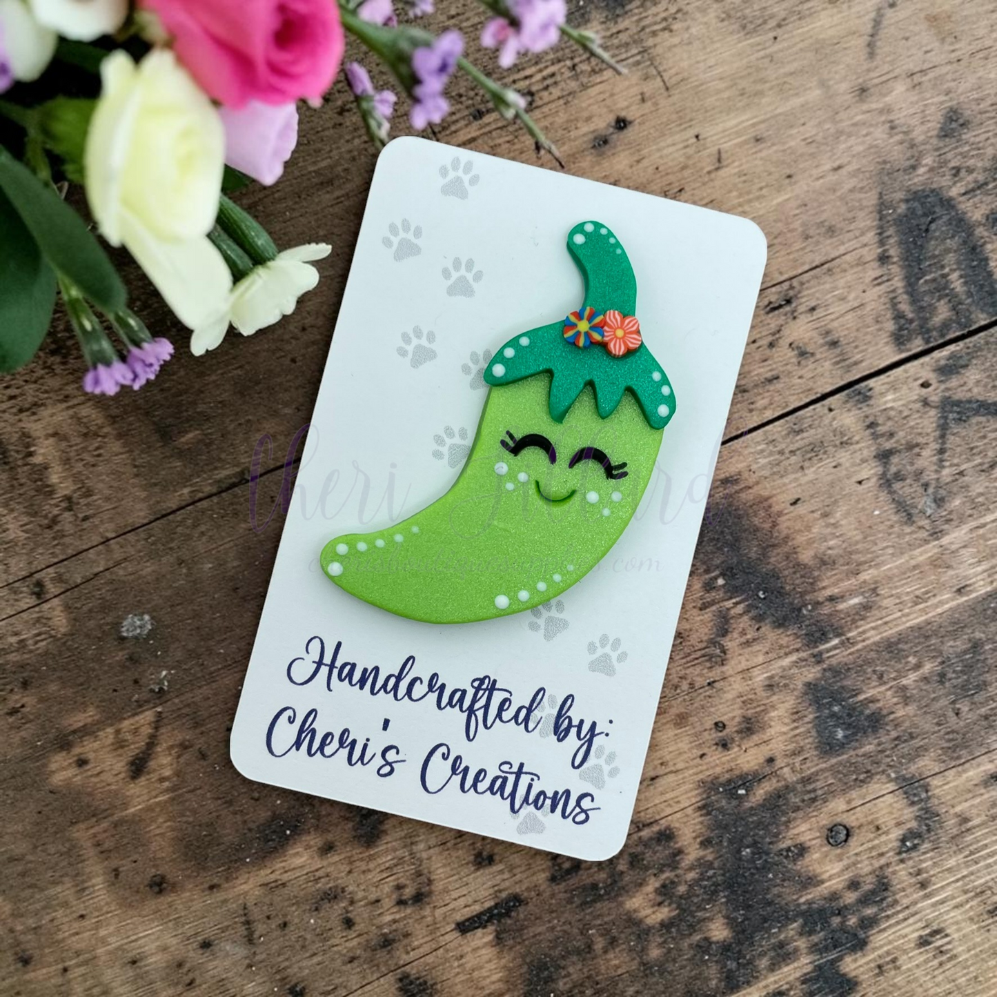 Green Chili Pepper Bow Center – Handmade Polymer Clay Embellishment