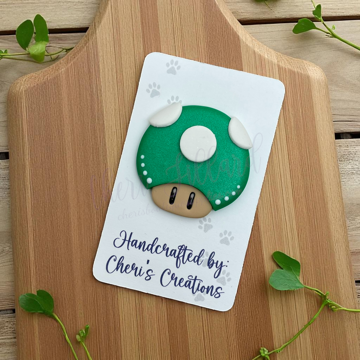 Green Cap Mushroom Bow Center – Handmade Polymer Clay Embellishment