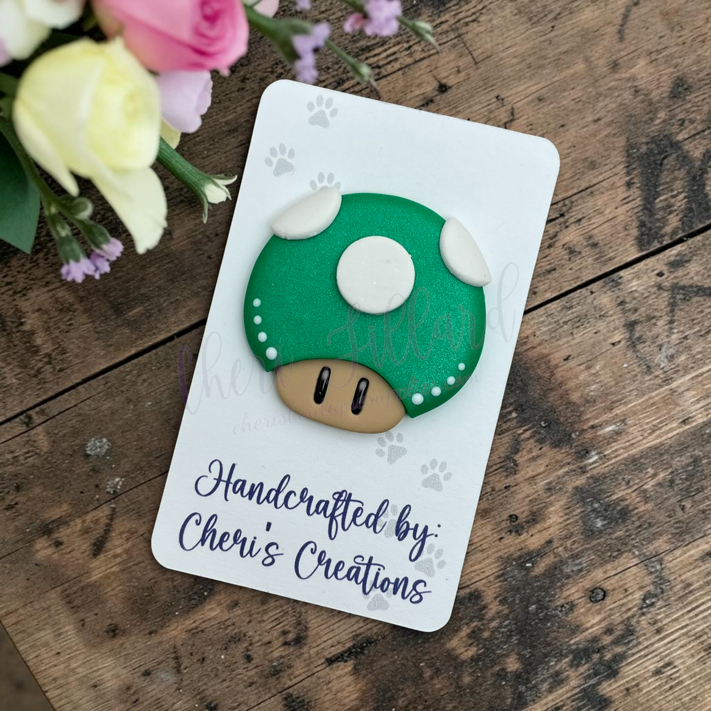 Green Cap Mushroom Bow Center – Handmade Polymer Clay Embellishment