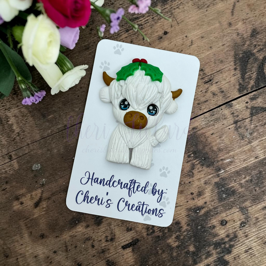 Holly Highland Cow Bow Center – Handmade Polymer Clay Embellishment