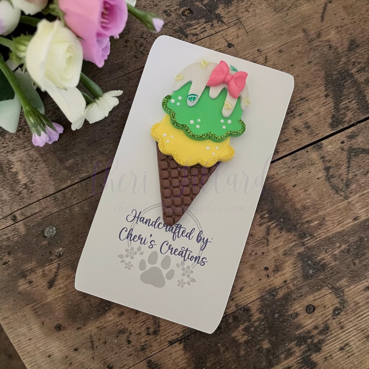 Lemon Lime Ice Cream Cone Bow Center – Handmade Polymer Clay Embellishment