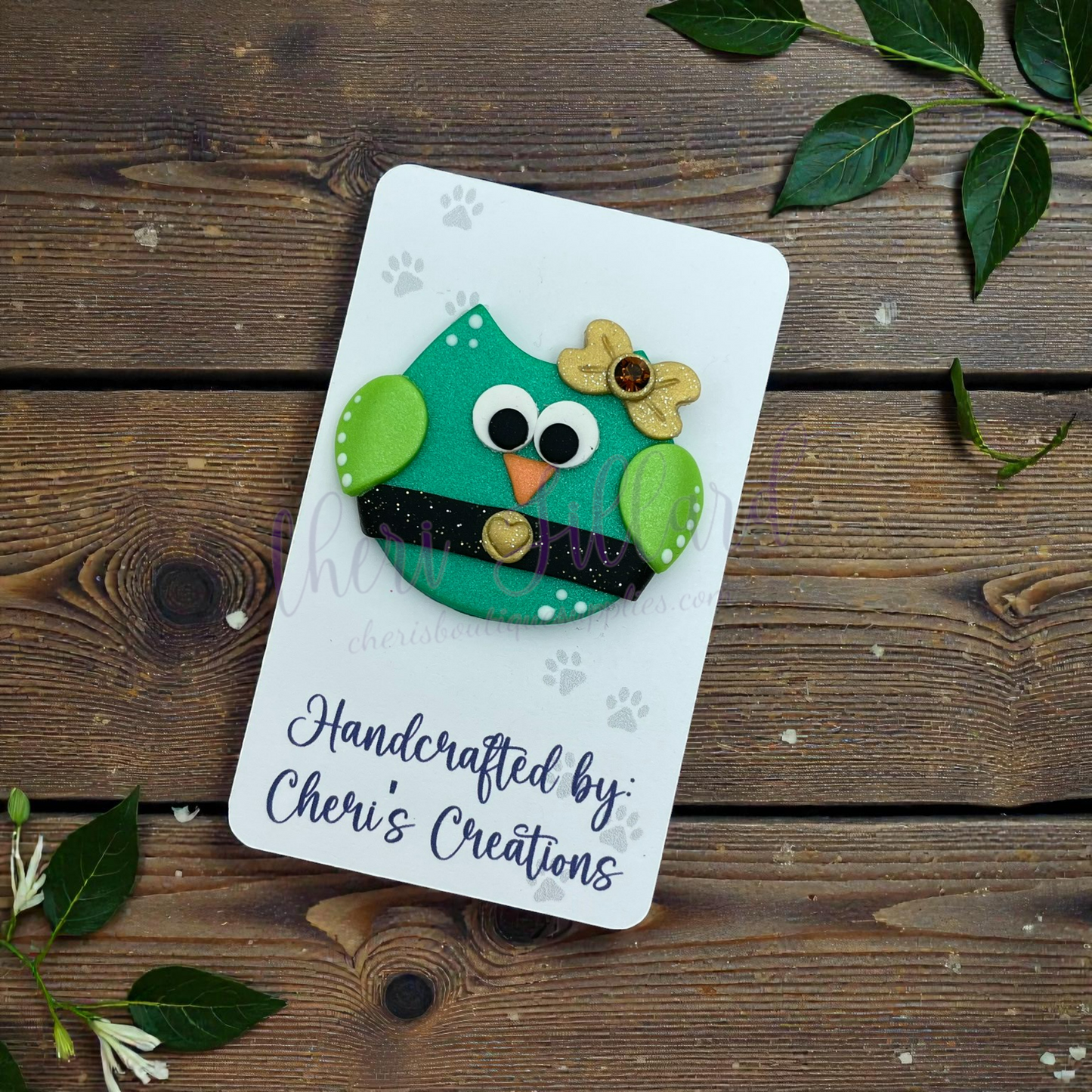 St. Patricks Day Owl Bow Center – Handmade Polymer Clay Embellishment
