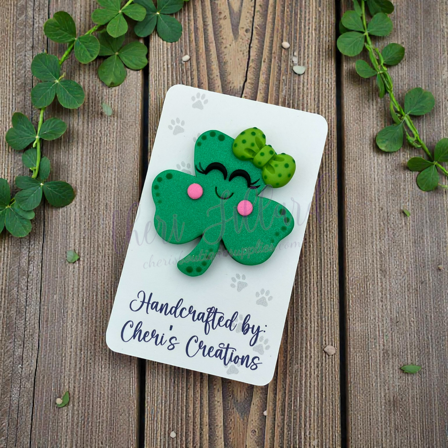 Lucky Clover Bow Center – Handmade Polymer Clay Embellishment