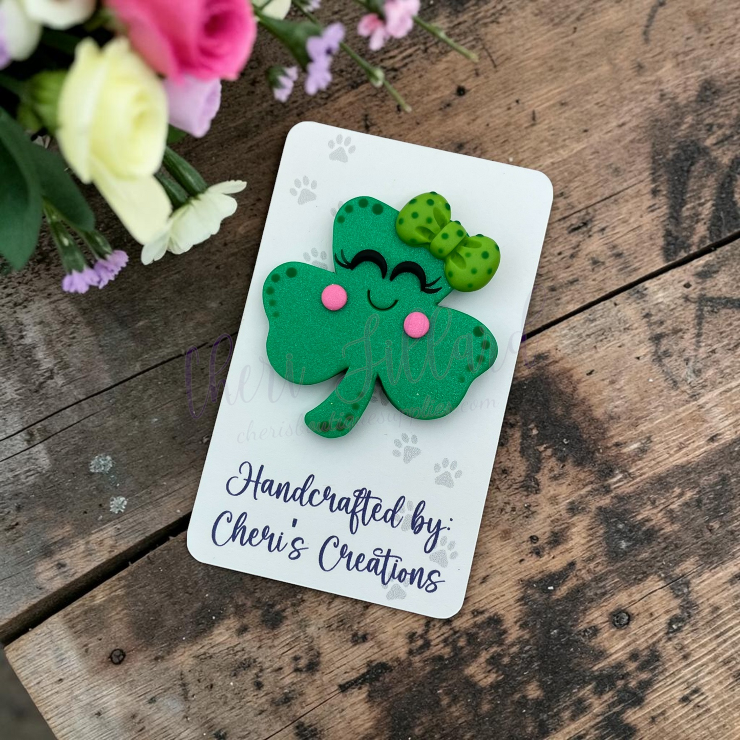 Lucky Clover Bow Center – Handmade Polymer Clay Embellishment
