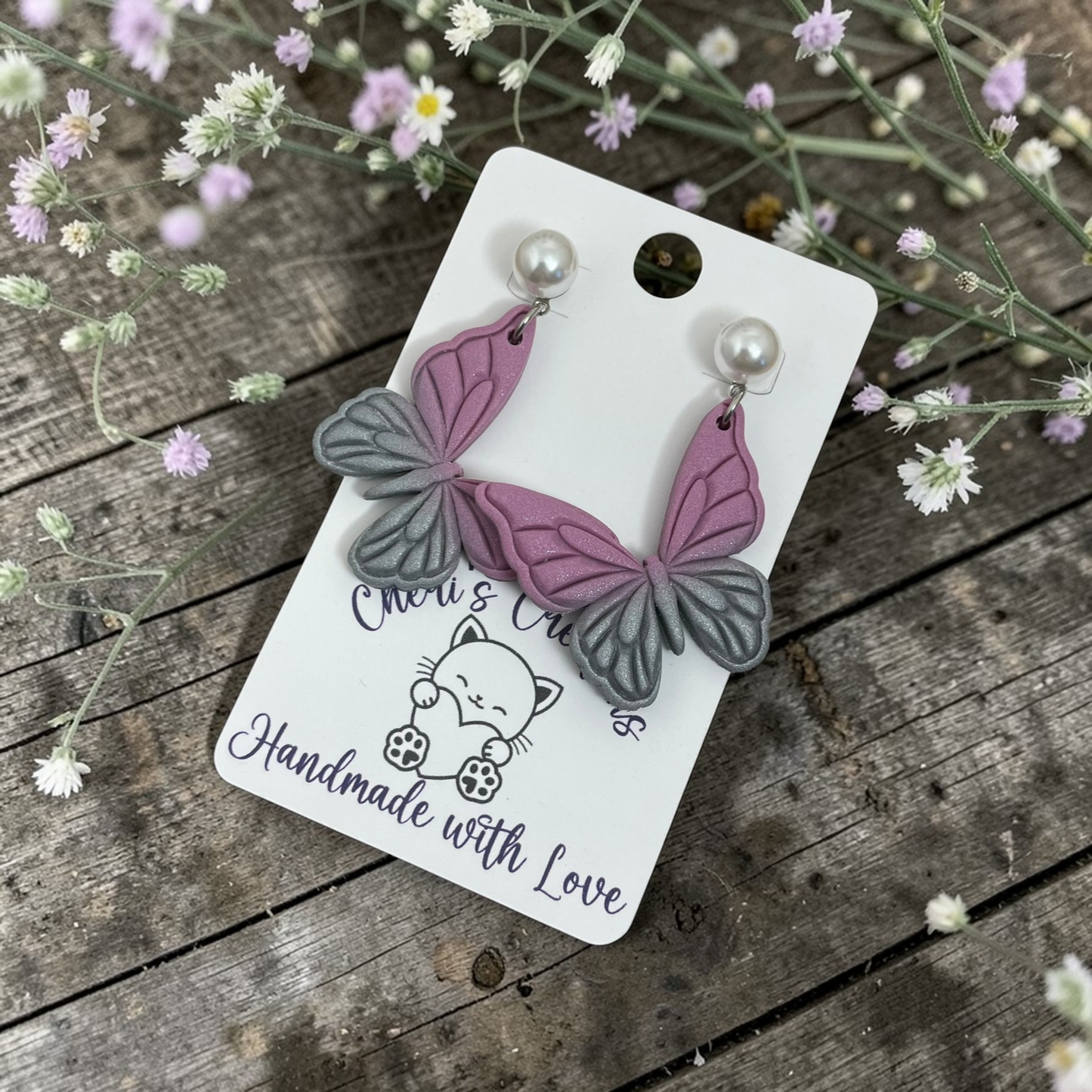 Mauve & Silver Butterfly Dangles - Handmade Polymer Clay Earrings