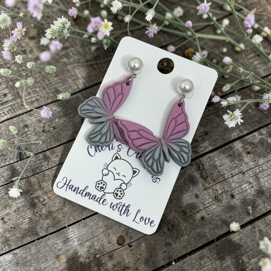 Mauve & Silver Butterfly Dangles - Handmade Polymer Clay Earrings
