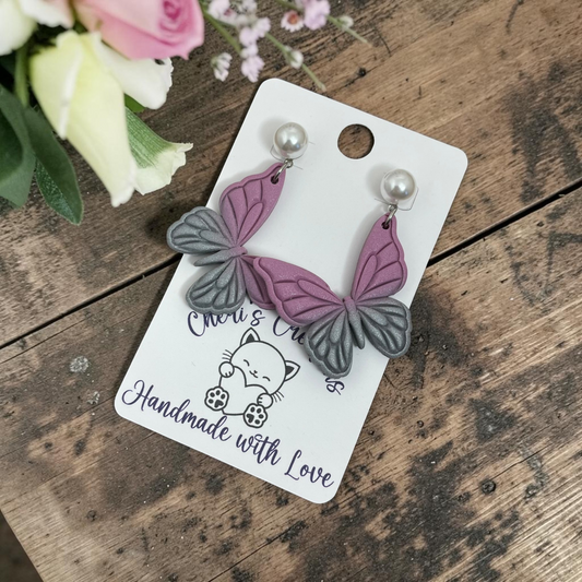 Mauve Ombre Butterfly Earrings - Handmade Polymer Clay Dangle Earrings