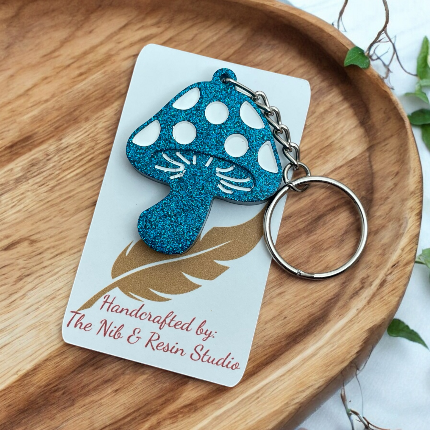 Mini Mushroom Keychain – Deep Blue Sea Glitter Resin Mushroom Keychain