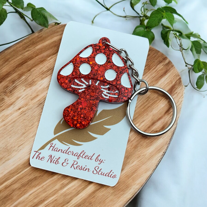 Mini Mushroom Keychain – Fawkes Red Glitter Resin Mushroom Keychain